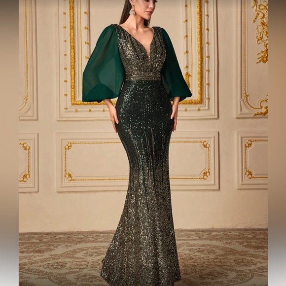 Luxe green lantern sleeve sequins party formal evening prom maxi dress - Picture 5 of 6